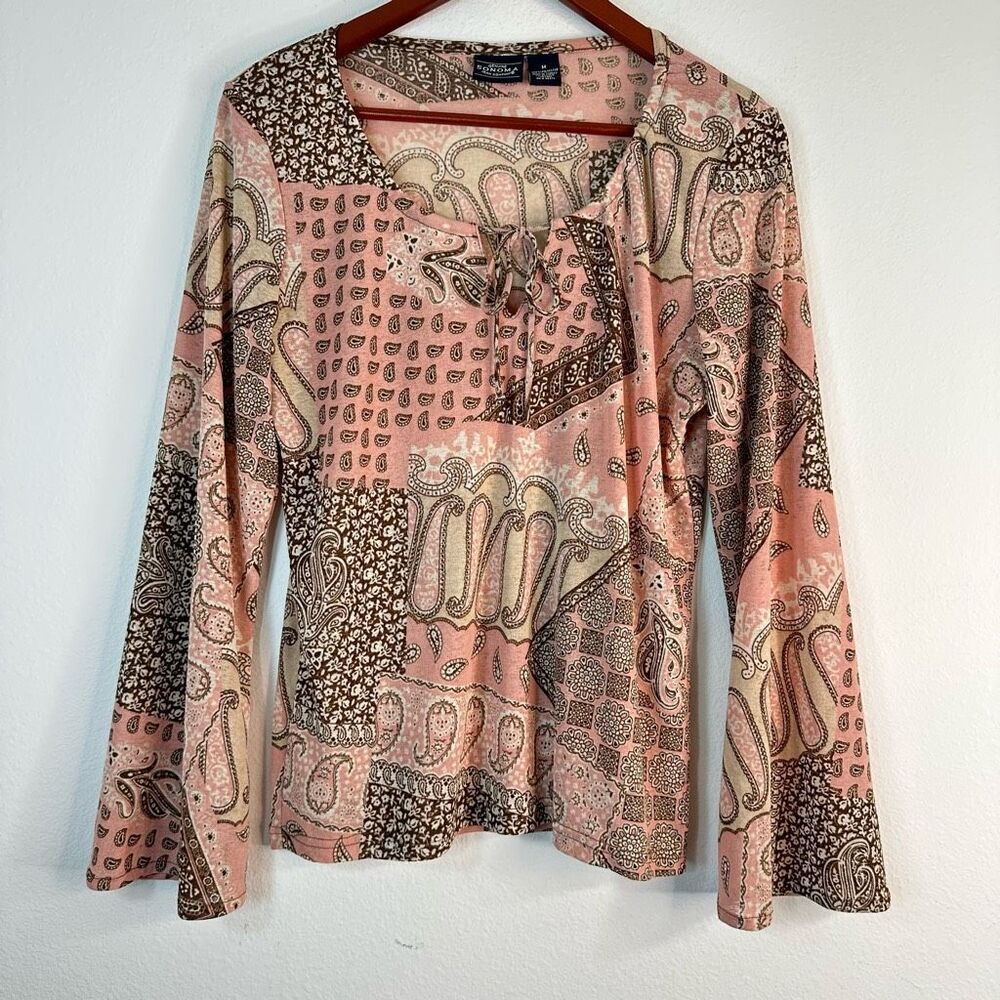 Vintage Y2K Sonoma Boho Paisley Mesh Long Sleeve Top Womens Medium Pink Brown‎